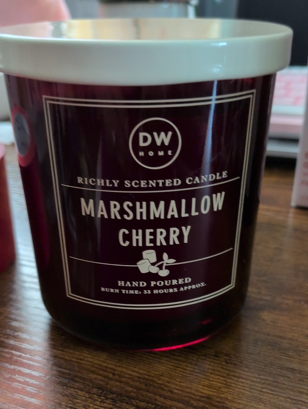 DW Home Marshmallow Cherry Candle in Burgundy Glass with White Lid